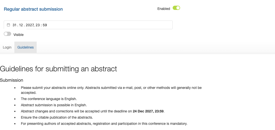 Deadline setting with the “show” switch turned off, and how it appears in the guidelines