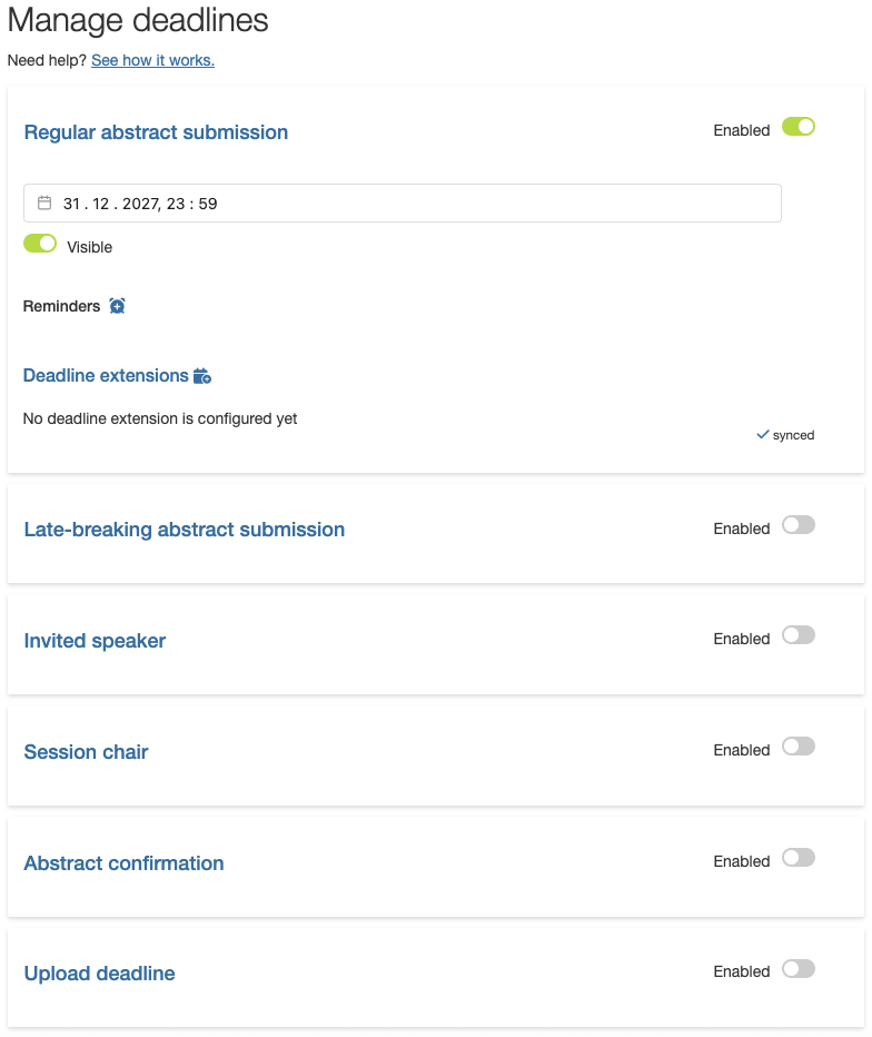 Manage deadlines – overview of all deadlines with activation switches